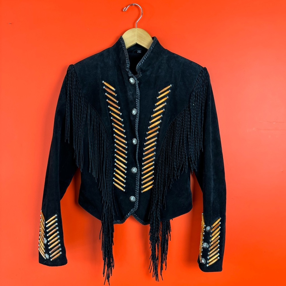 Women’s native western American cowboy black suede leather fringe & bones jacket